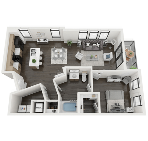 a 3d rendering of our 1 bedroom apartment at the crossings at white marsh apartments in white